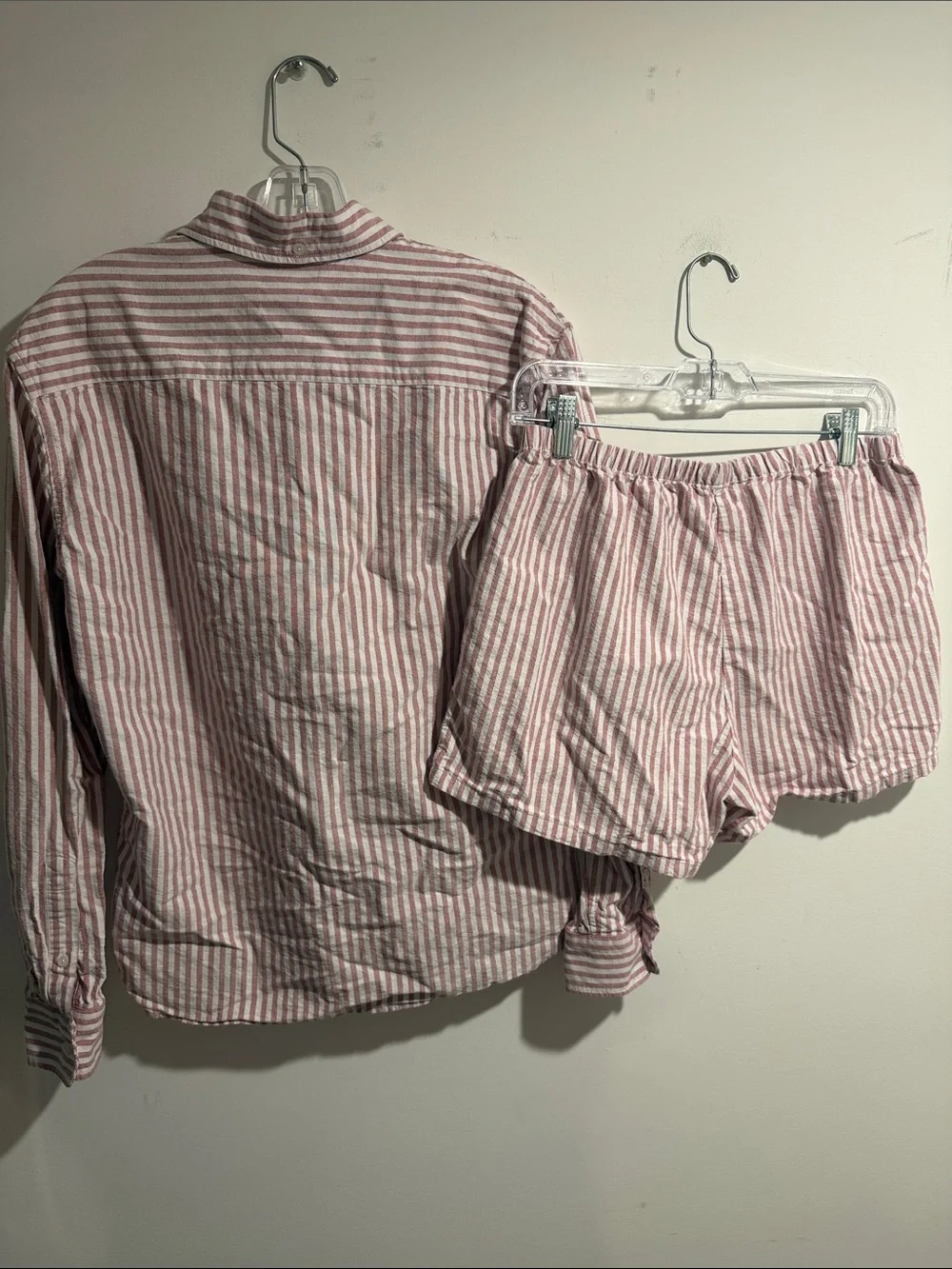 Brandy Melville Red and White Striped Button-Up Shirt & Shorts Set One Size